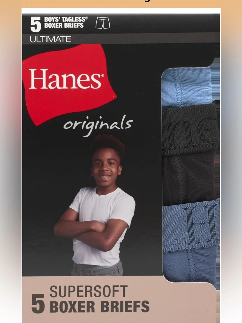 Hanes Boys' Originals Ultimate SuperSoft Boxer Brief Underwear, Assorted, 5-Pack